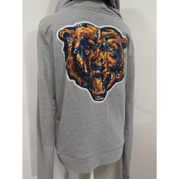 Victoria's Secret PINK Chicago Bears SEQUIN BEAR Gray Hoodie Jacket Zip L Large - Picture 1 of 2
